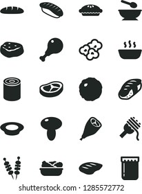 Solid Black Vector Icon Set - deep plate with a spoon vector, loaf, tin, fried vegetables on sticks, spaghetti, mushroom, pie, hot porridge, lettuce in, chicken leg, grill, chop, jam