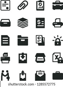 Solid Black Vector Icon Set - clip vector, upload archive data, download, suitcase, received letter, pile, folder, drawer, statistical overview, article on the dollar, research, encrypting, printer