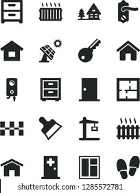 Solid Black Vector Icon Set - bedside table vector, house, dwelling, window, laying out, door knob, ntrance, ceramic tiles, putty knife, boiler, home, nightstand, big solar panel, Construction crane