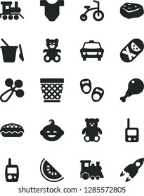 Solid Black Vector Icon Set - wicker pot vector, Child T shirt, baby rattle, tumbler, toy phone, mobile, children's sand set, teddy bear, small, funny hairdo, train, bicycle, car, apple pie, rocket