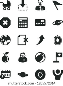 Solid Black Vector Icon Set - mark of injury vector, wind direction indicator, baby carriage, bath ball, delete page, planet, move down, plum, blueberry, delicious, front the bank card, schedule