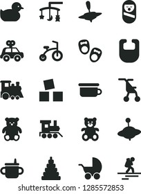 Solid Black Vector Icon Set - toys over the cradle vector, mug for feeding, bib, baby stroller, sitting, duckling, stacking toy, motor vehicle present, roly poly doll, children's potty, teddy bear