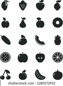 Solid Black Vector Icon Set - cucumber vector, strawberry, apple, pear, cherry, peach, quince, apricot, red, tasty, slice of melon, mango, tangerine, yellow lemon, half passion fruit, ripe pineapple
