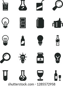 Solid Black Vector Icon Set - incandescent lamp vector, measuring cup for feeding, e, bulb, interroom door, a glass of soda, bottle, jar jam, liquor, flask, magnifier, test tube, wine