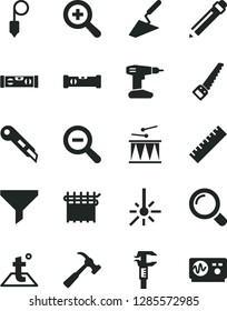 Solid Black Vector Icon Set - graphite pencil vector, yardstick, zoom, out, drumroll, trowel, drill, arm saw, construction level, building, plummet, stationery knife, temperature, hammer with claw