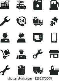 Solid Black Vector Icon Set - builder vector, workman, smartphone, delivery, 24, shipment, gas station, canister of oil, pipes, repair key, stall, operator, Express, cash machine, three stars, atm