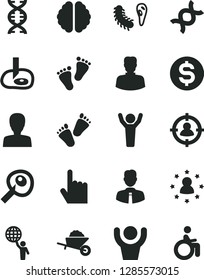 Solid Black Vector Icon Set - woman vector, footprints, children's tracks, garden trolley, employee, index finger, man in sight, dollar, dna, brain, bactery, artifical insimination, hold world