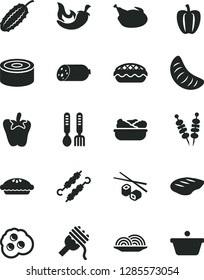 Solid Black Vector Icon Set - iron fork spoons vector, sausage, canned goods, fried vegetables on sticks, onion, spaghetti, pie, apple, lettuce in a plate, chicken, chop, meat skewers, chili, peper