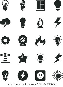 Solid Black Vector Icon Set - lightning vector, matte light bulb, window, power socket type b, star, storm cloud, lens, energy saving, lighthouse, flame, electricity, sun