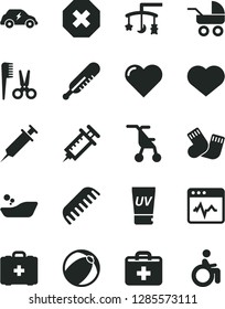 Solid Black Vector Icon Set - heart symbol vector, mark of injury, first aid kit, toys over the cradle, baby carriage, sitting stroller, mercury thermometer, bath ball, children's bathroom, comb