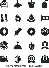 Solid Black Vector Icon Set - plastic fork spoons vector, children's train, yule, concrete mixer, peper, squash, melon, loquat, half peach, juicy lemon, slice of pineapple, Bell pepper, drop oil