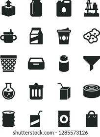 Solid Black Vector Icon Set - wicker pot vector, mug for feeding, powder, e, packing of juice with a straw, dust bin, drawer, package, unpacking, canned goods, popcorn, coffe to go, sea port, oil