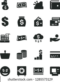 Solid Black Vector Icon Set - bank card vector, purse, dollar, strongbox, cards, coins, shopping basket, catch a coin, money, cash, machine, cashbox, bag hand, rain, pedestal, wallet, eyes, atm