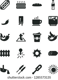 Solid Black Vector Icon Set - electronic thermometer vector e, temperature, new radiator, boiler, coffee, sausage, loaf, Hot Dog, barbecue, chili, coffe to go, a glass of tea, bottle soda, mercury