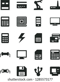 Solid Black Vector Icon Set - lightning vector, floppy disk, monitor, bank card, calculator, screen, cards, processor, assembly robot, SIM, engineer, pc tower, usb, router, resistor, atm
