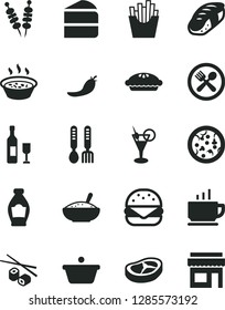 Solid Black Vector Icon Set - iron fork spoons vector, coffee, fried vegetables on sticks, pizza, big burger, piece of cake, pie, a bowl rice porridge, in saucepan, bacon, French fries, sushi, pan