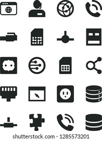 Solid Black Vector Icon Set - Puzzle vector, power socket type b, f, big data, phone call, SIM card, connections, dispatcher, usb, network, browser, connect, lan connector