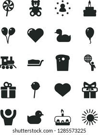 Solid Black Vector Icon Set - heart symbol vector, rubber duck, baby duckling, teddy bear, toy train, colored air balloons, balloon, gift, Easter cake, slice, torte, birthday, Chupa Chups, lollipop