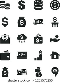 Solid Black Vector Icon Set - dollar vector, coins, column of, denomination the, catch a coin, wallet, money, cash, bag hand, rain, mortgage, pedestal, mail, pin
