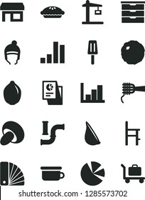 Solid Black Vector Icon Set - negative histogram vector, storage unit, children's potty, a chair for feeding, winter hat, color samples, noodles, porcini, pie, cabbage, garlic, popsicle, lime, stall