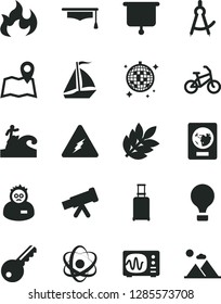 Solid Black Vector Icon Set - telescope vector, electricity, atom, oscilloscope, flame, scientist, graduate hat, drawing compass, biology, presentation board, sail boat, air balloon, bike, passport