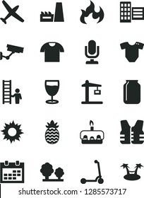 Solid Black Vector Icon Set - desktop microphone vector, calendar, t short, child Kick scooter, city block, shirt, torte, glass, pineapple, trees, thermal power plant, Construction crane, jar, flame