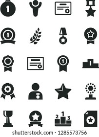Solid Black Vector Icon Set - star vector, pedestal, medal, patente, winner, laurel branch, cup, gold, man with, first place, pennant, ribbon, hero, certificate