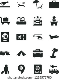 Solid Black Vector Icon Set - suitcase vector, passport, sand castle, helicopter, dollar pin, plane, bus, passenger, ticket, departure, tent, beach, arnchair under umbrella, palm tree, pool, baggage