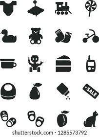 Solid Black Vector Icon Set - baby powder vector, bib, Child T shirt, rubber duck, warm socks, toy mobile phone, children's potty, small teddy bear, train, yule, tricycle, shoes for little children