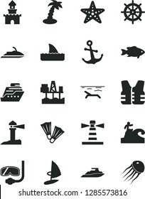 Solid Black Vector Icon Set - anchor vector, fish, commercial seaport, lighthouse, coastal, sand castle, beach, palm tree, starfish, flippers, diving mask, surfing, handwheel, life vest, jet ski