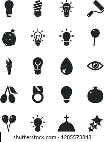 Solid Black Vector Icon Set - matte light bulb vector, colored air balloons, new roller, saving, eye, drop, Chupa Chups, pomegranate, cornels, flame torch, flag on moon, gold ring, crown with cross