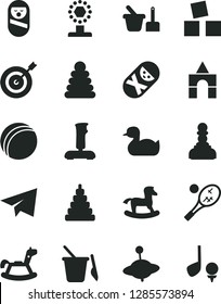 Solid Black Vector Icon Set - paper airplane vector, rubber duck, bath ball, stacking rings, toy, roly poly doll, tumbler, sand set, children's, yule, rocking horse, small, cubes for children, cup