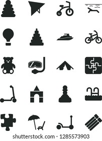 Solid Black Vector Icon Set - stacking rings vector, toy, small teddy bear, box of bricks, child bicycle, Kick scooter, Puzzle, Puzzles, pawn, air balloon, hang glider, bike, tent, beach, pool