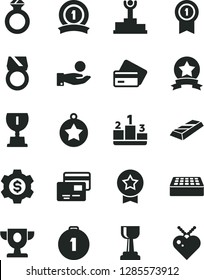 Solid Black Vector Icon Set - brick vector, cards, pedestal, catch a coin, winner podium, prize, award, gold cup, star medal, first place, with pennant, ribbon, diamond ring, bar, dollar gear