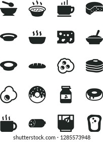 Solid Black Vector Icon Set - deep plate with a spoon vector, coffee, sausage, piece of cheese, loaf, cake hole, glazed, bowl buckwheat porridge, in saucepan, hot, milk, cup tea, glass, fried egg
