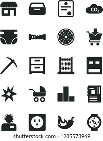 Solid Black Vector Icon Set - bar chart vector, nappy, baby carriage, abacus, construction level, nightstand, drawer, put in cart, operator, chili, half of orange, socket, CO2, kiosk, motherboard