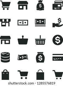 Solid Black Vector Icon Set - paper bag vector, grocery basket, bank card, cart, cards, kiosk, stall, shopping, column of coins, dollar, get a wage, money, dollars, cash