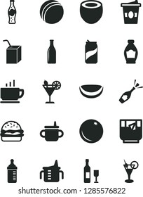 Solid Black Vector Icon Set - mug for feeding vector, measuring cup, bottle, bath ball, packing of juice with a straw, coffee, burger, coffe to go, glass tea, cocktail, soda can, orange, half, wine