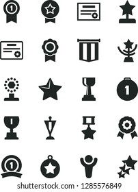 Solid Black Vector Icon Set - star vector, medal, patente, winner, award, cup, gold, reward, pennant, first place, with, ribbon, hero, certificate, flag, three stars