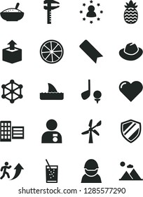 Solid Black Vector Icon Set - bookmark vector, hat, city block, heart, unpacking, a bowl of rice porridge, glass soda, slice lemon, pineapple, wind energy, racer, calipers, 3d cube, man arrow up