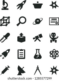 Solid Black Vector Icon Set - unpacking vector, pan, flask, microscope, telescope, atom, zoom, pipette, clipboard, drawing compass, robot, satellite antenna, saturn, rocket, syringe, patente, bang