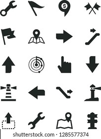 Solid Black Vector Icon Set - upward direction vector, downward, right, left, wind indicator, index finger, map, flag, move up, lighthouse, coastal, repair, radar, cross flags, dollar pin, escalator