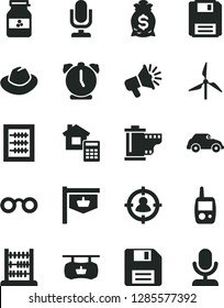 Solid Black Vector Icon Set - desktop microphone vector, floppy disk, hat, camera roll, new abacus, toy mobile phone, estimate, alarm clock, jar of jam, windmill, retro car, vintage sign, glasses