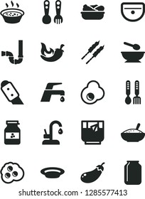 Solid Black Vector Icon Set - deep plate with a spoon vector, plastic fork spoons, iron, sink, siphon, knife, faucet mixer, kitchen, bowl of rice porridge, in saucepan, lettuce, barbecue, chili