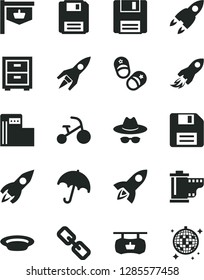 Solid Black Vector Icon Set - floppy disk vector, spectacles, hat with glasses, camera roll, bedside table, tricycle, child shoes, umbrella, plate, modern gas station, vintage sign, rocket, space