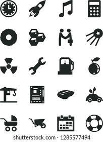 Solid Black Vector Icon Set - calendar vector, clock face, baby carriage, crane, building trolley, music, chop, honeycombs, blueberry, slice of pineapple, gas station, rocket, calculator, repair