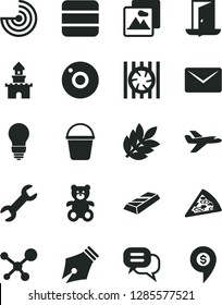Solid Black Vector Icon Set - camera vector, teddy bear, bucket, bulb, picture, piece of pizza, radiator fan, big data, mail, repair, molecule, radar, biology, ink pen, gold bar, exit door, dialog