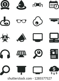 Solid Black Vector Icon Set - horn vector, fried egg, drop of oil, computer, motherboard, monitor, headphones, magnifier, schedule clock, glasses, biohazard, graduate hat, artifical insimination