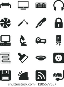 Solid Black Vector Icon Set - rss feed vector, mercury thermometer, power socket type b, putty knife, heating coil, electronic boiler, lock, headphones, screen, plate, welding, cashbox, computer