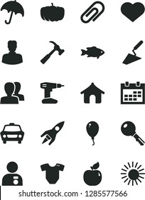 Solid Black Vector Icon Set - heart symbol vector, calendar, clip, women, t short, balloon, trowel, drill, hammer with claw, key, umbrella, car, fish, apricot, pumpkin, woman, rocket, man medal, sun